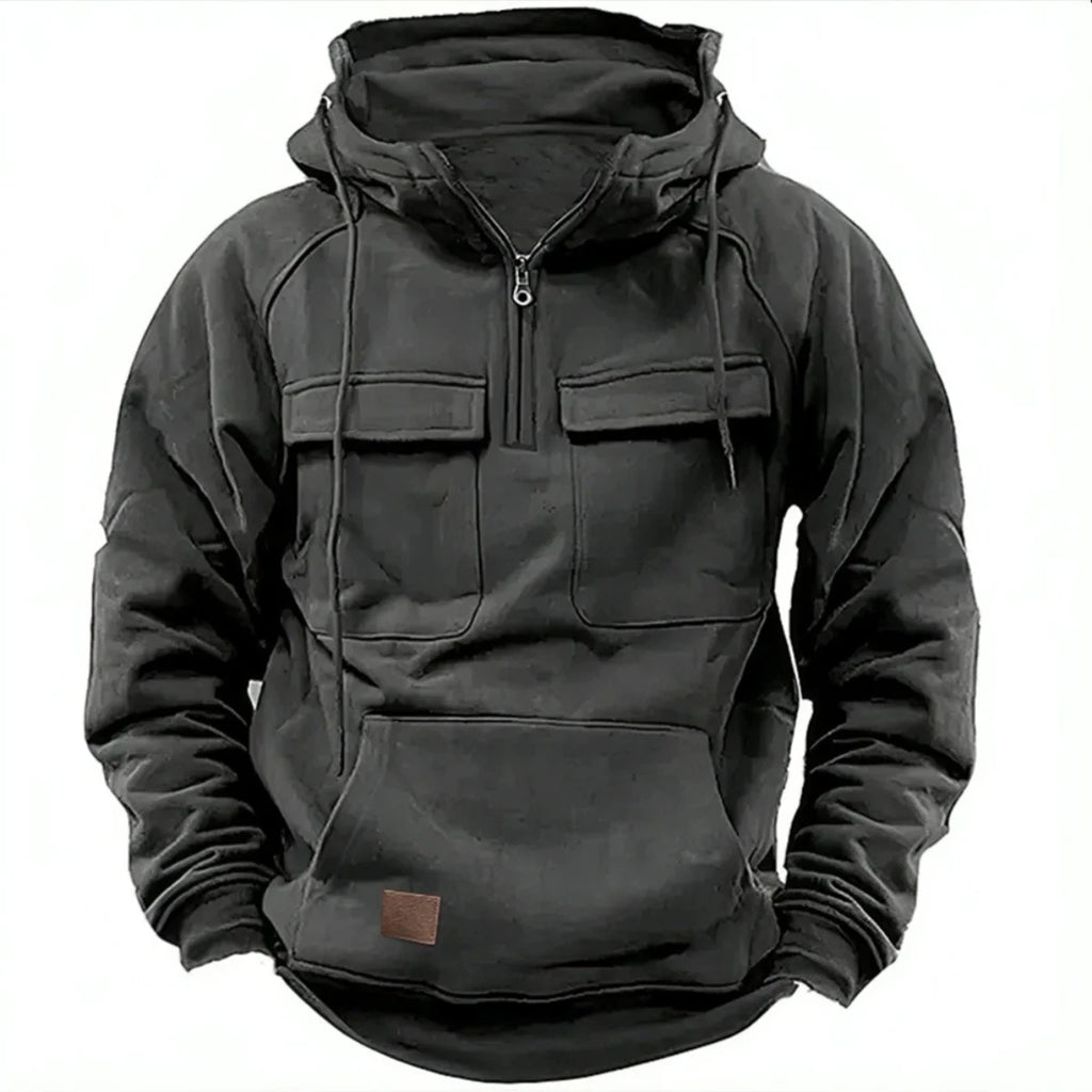 New autumn-winter men's hooded solid-color casual hoodie - fashionable young man's multi-pocket patch hoodie pullover shirt