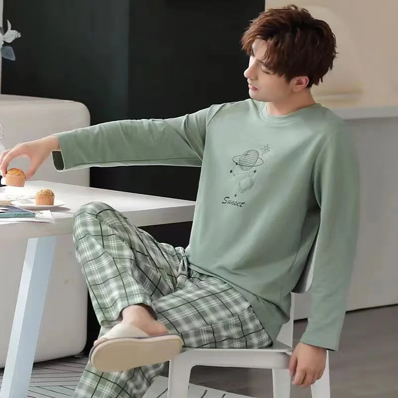 Men Pajamas Long-Sleeved Autumn and Winter Pajamas Student Homewear Teenagers Autumn Striped Pajamas Men Homewear Large Size Xl