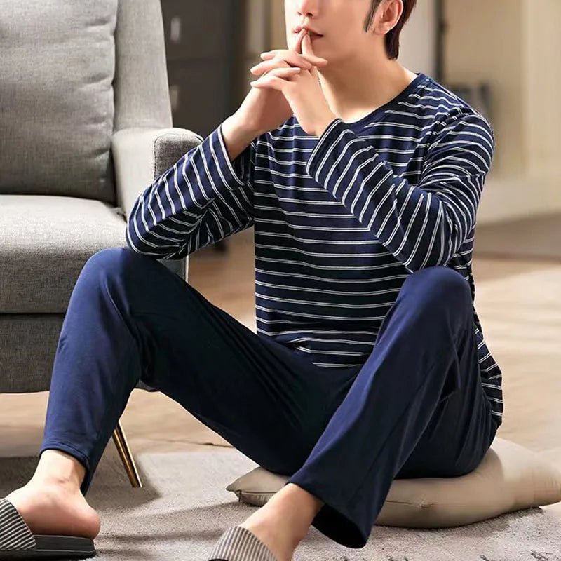 Men Pajamas Long-Sleeved Autumn and Winter Pajamas Student Homewear Teenagers Autumn Striped Pajamas Men Homewear Large Size Xl