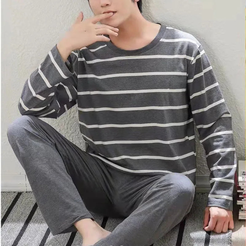 Men Pajamas Long-Sleeved Autumn and Winter Pajamas Student Homewear Teenagers Autumn Striped Pajamas Men Homewear Large Size Xl